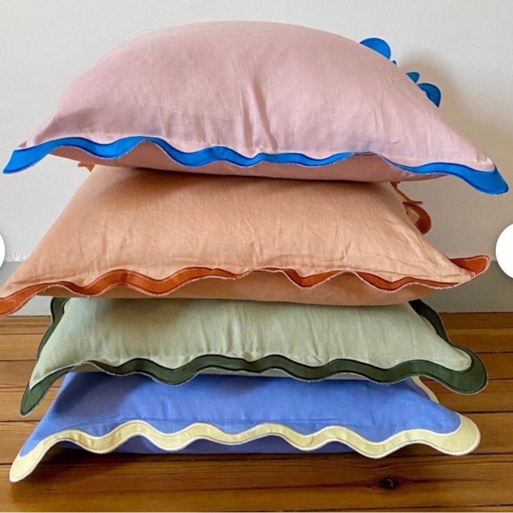 Pair of two sage green scalloped edge pillowcases wavy pillowcase